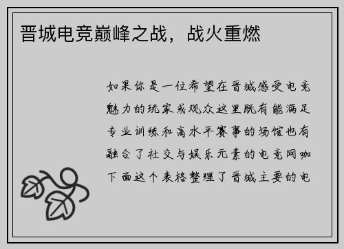 晋城电竞巅峰之战，战火重燃